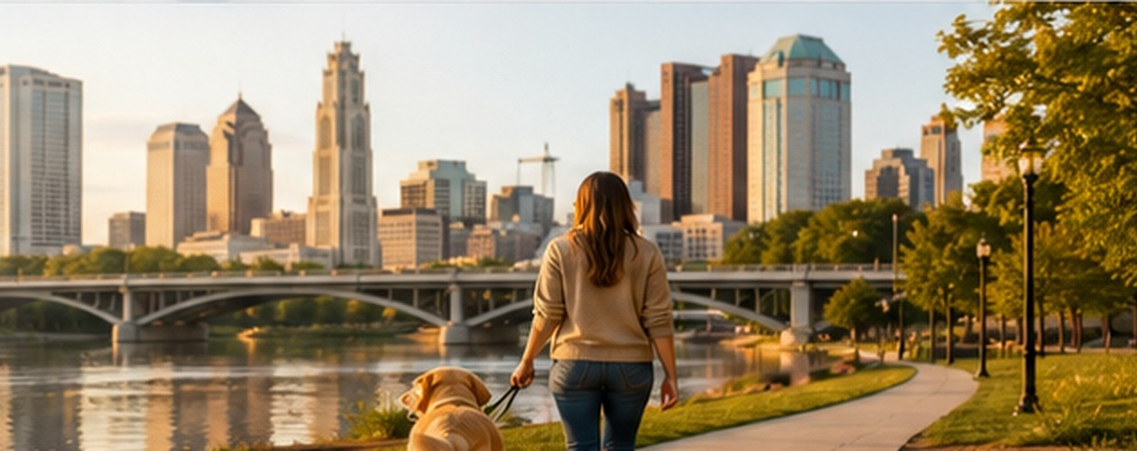 Traveler walking a dog along the Scioto riverfront in Columbus