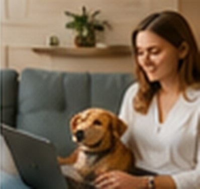 Traveler comforting a pet indoors